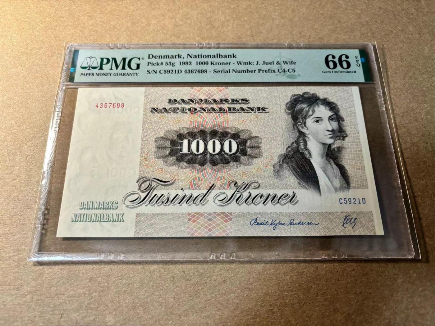 【Blue Auction】✨世界纸币精拍第530期【精】  丹麦 1992年1000克朗 大松鼠 PMG66EPQ 
