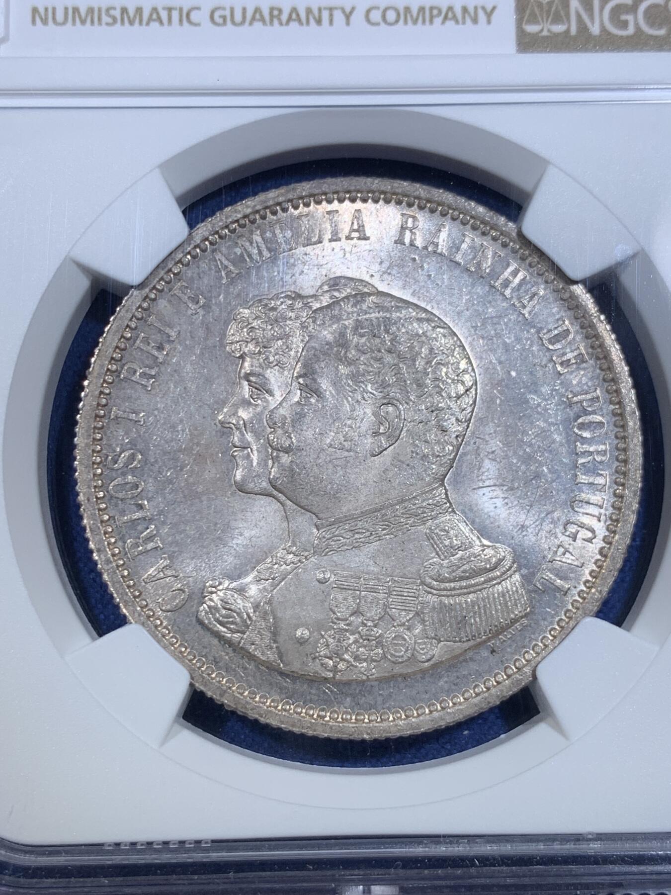 《竞宝斋》第299场- 周日，周一  2场连拍 （全场包邮） NGC MS62 葡萄牙1898年发现印度戎装版1000瑞斯银币