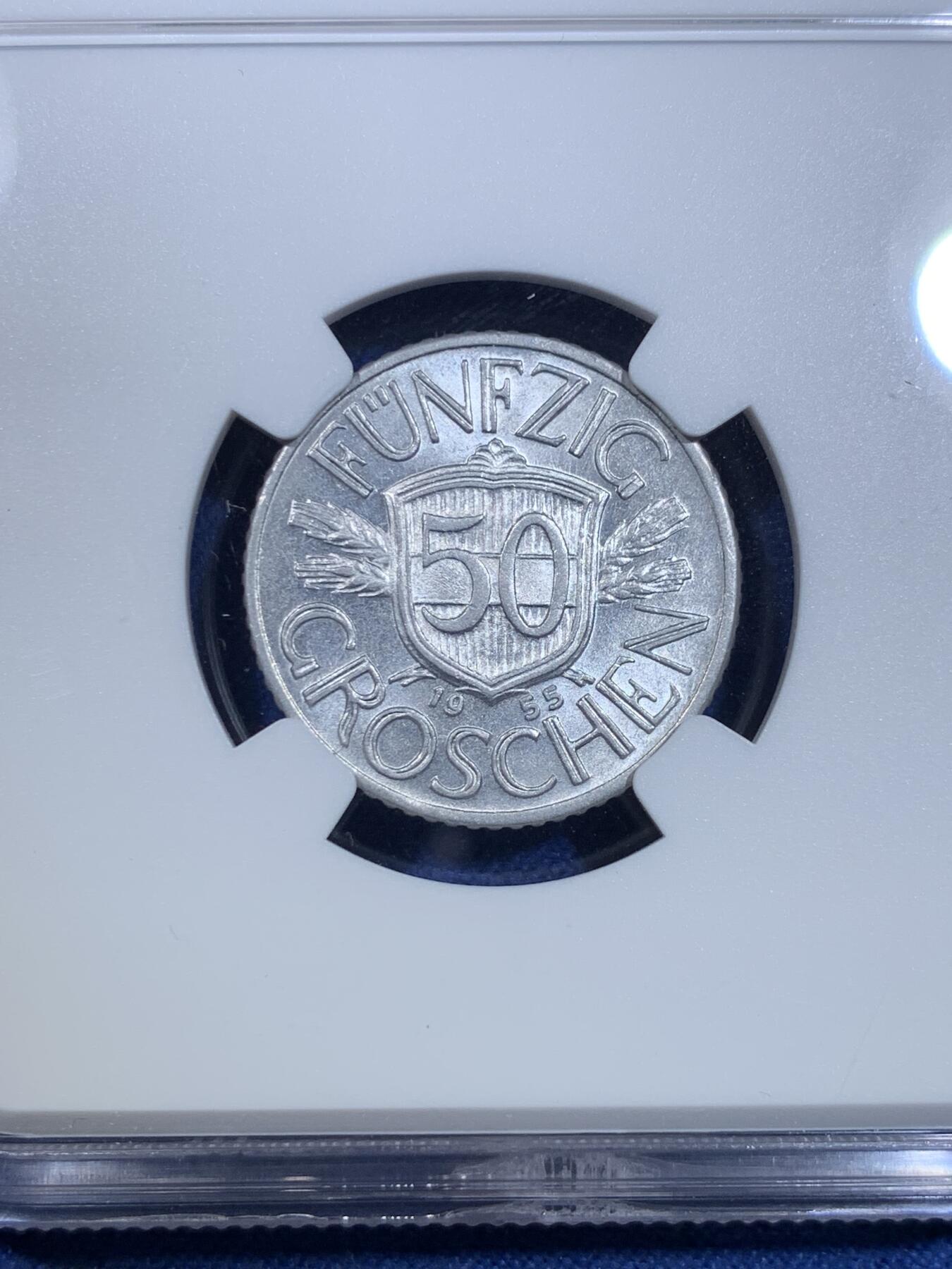 《竞宝斋》第299场- 周日，周一  2场连拍 （全场包邮） NGC MS64 奥地利1955年50格罗申铝币，尾年年份，铝币保存不易，不多见品种