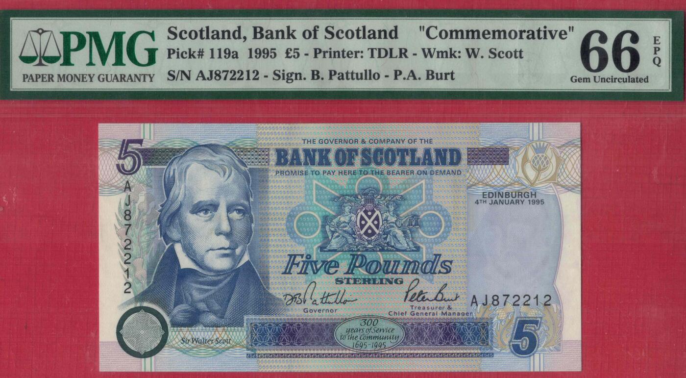 苏格兰1995年5镑 苏格兰银行300年纪念钞 无4 P-119a 欧洲 实物图 UNC