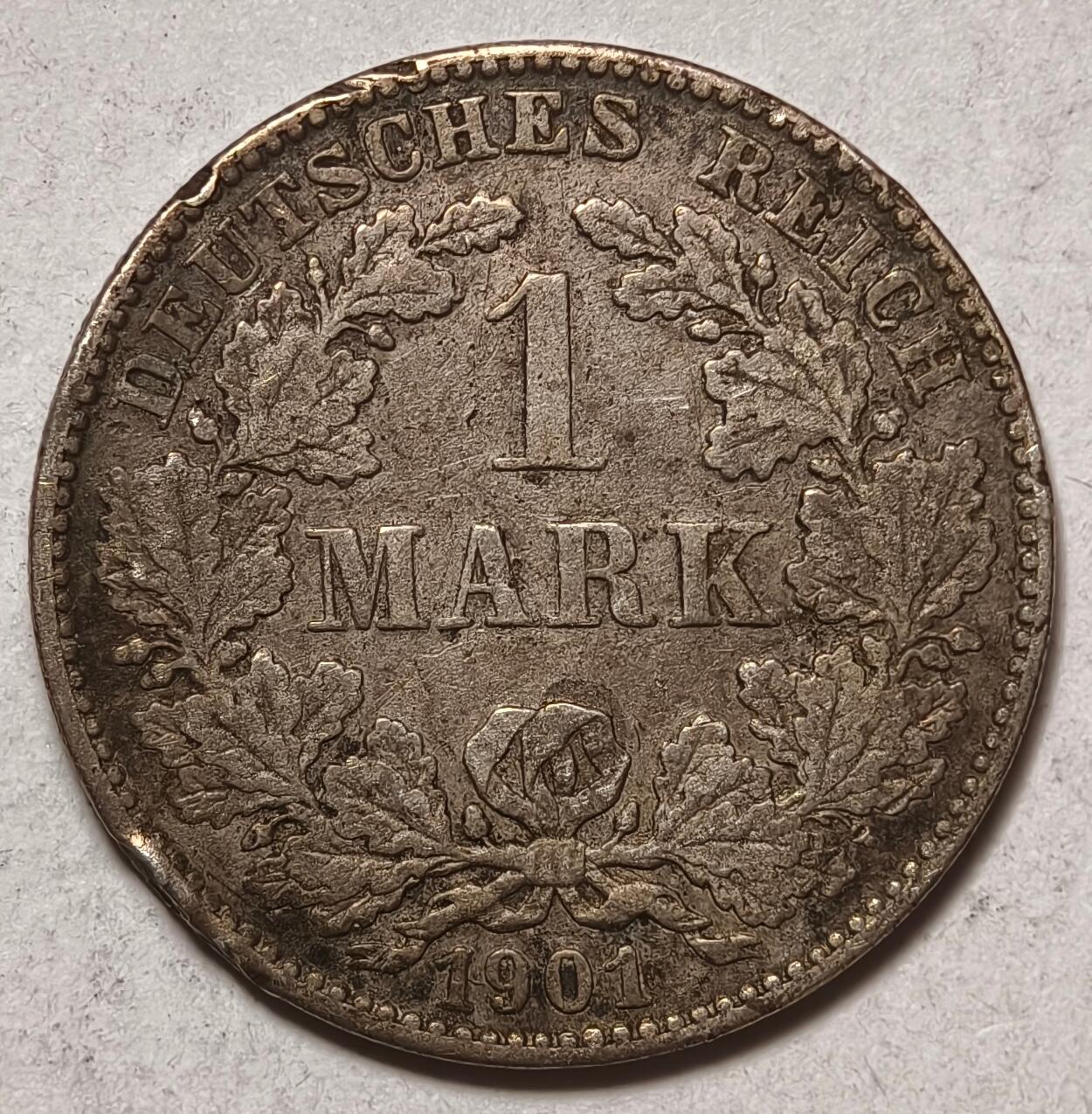 紫瑗钱币——第410期 德国 1901年 G版 第二帝国 长翅 1马克 银币 5.5克 0.9银