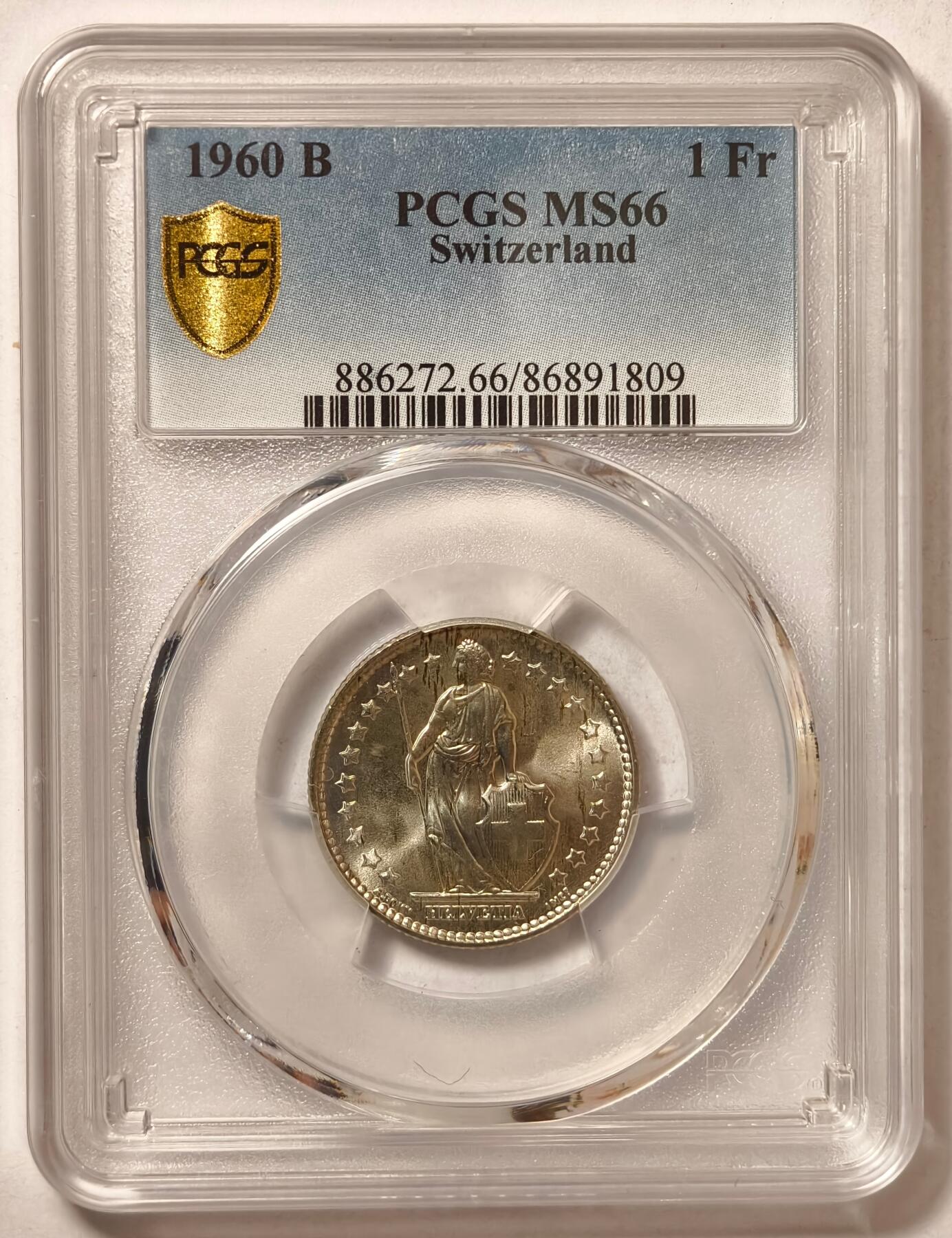 紫瑗钱币——第466期 瑞士 1960年 B版 赫尔维蒂亚 1法郎 银币 PCGS MS66