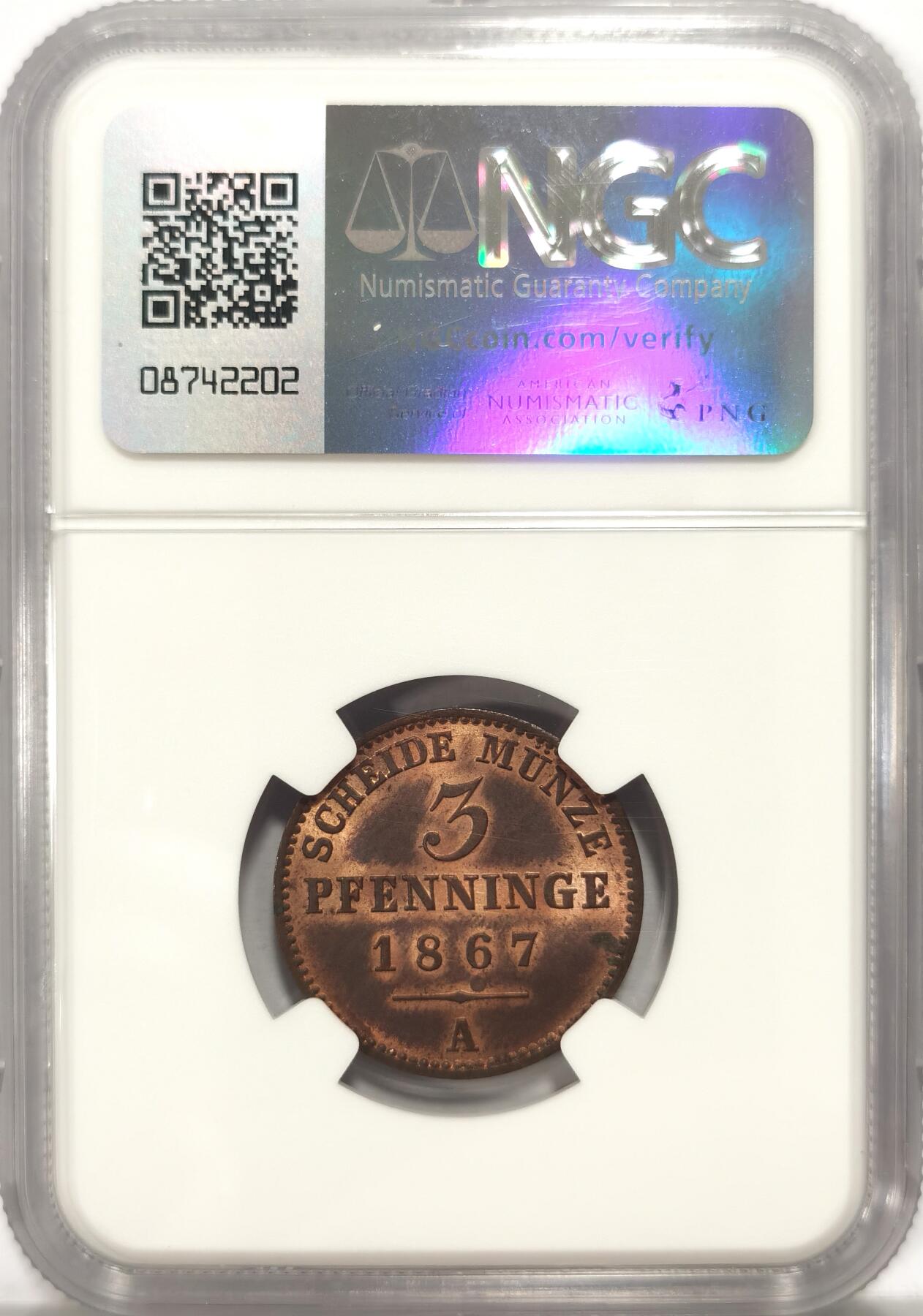 博洋堂“长夏未央”8月精品专场暨第089期（全场包邮） NGC MS63RB 德国普鲁士1867年威廉一世3芬尼铜币