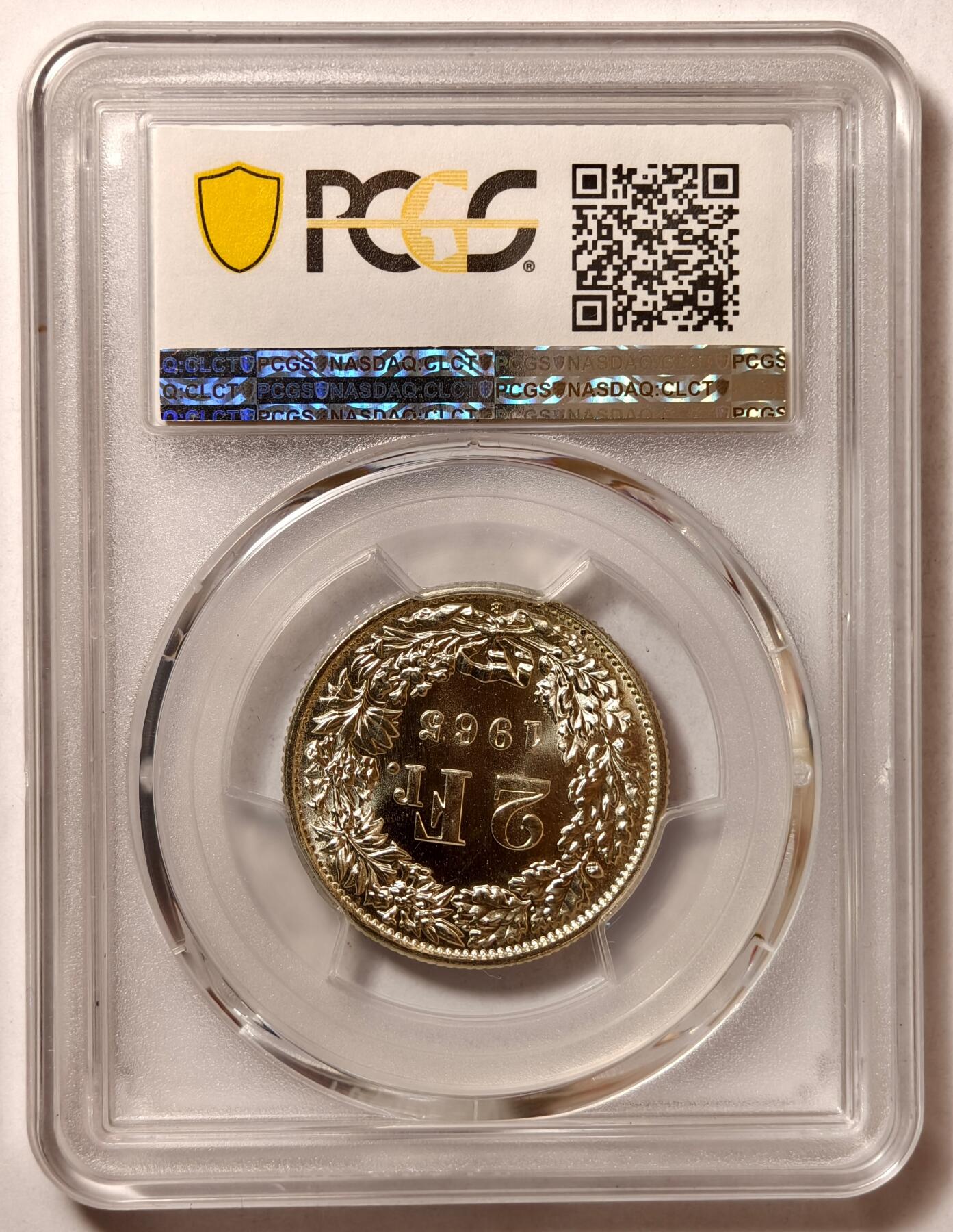 紫瑗钱币——第466期 瑞士 1965年 B版 赫尔维蒂亚 2法郎 银币 PCGS MS66