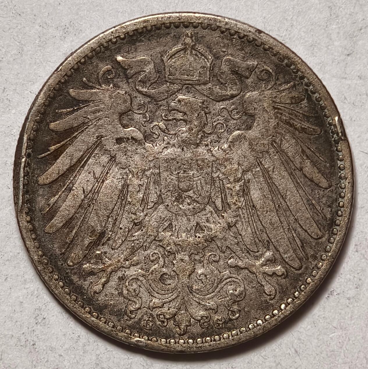 紫瑗钱币——第410期 德国 1901年 G版 第二帝国 长翅 1马克 银币 5.5克 0.9银