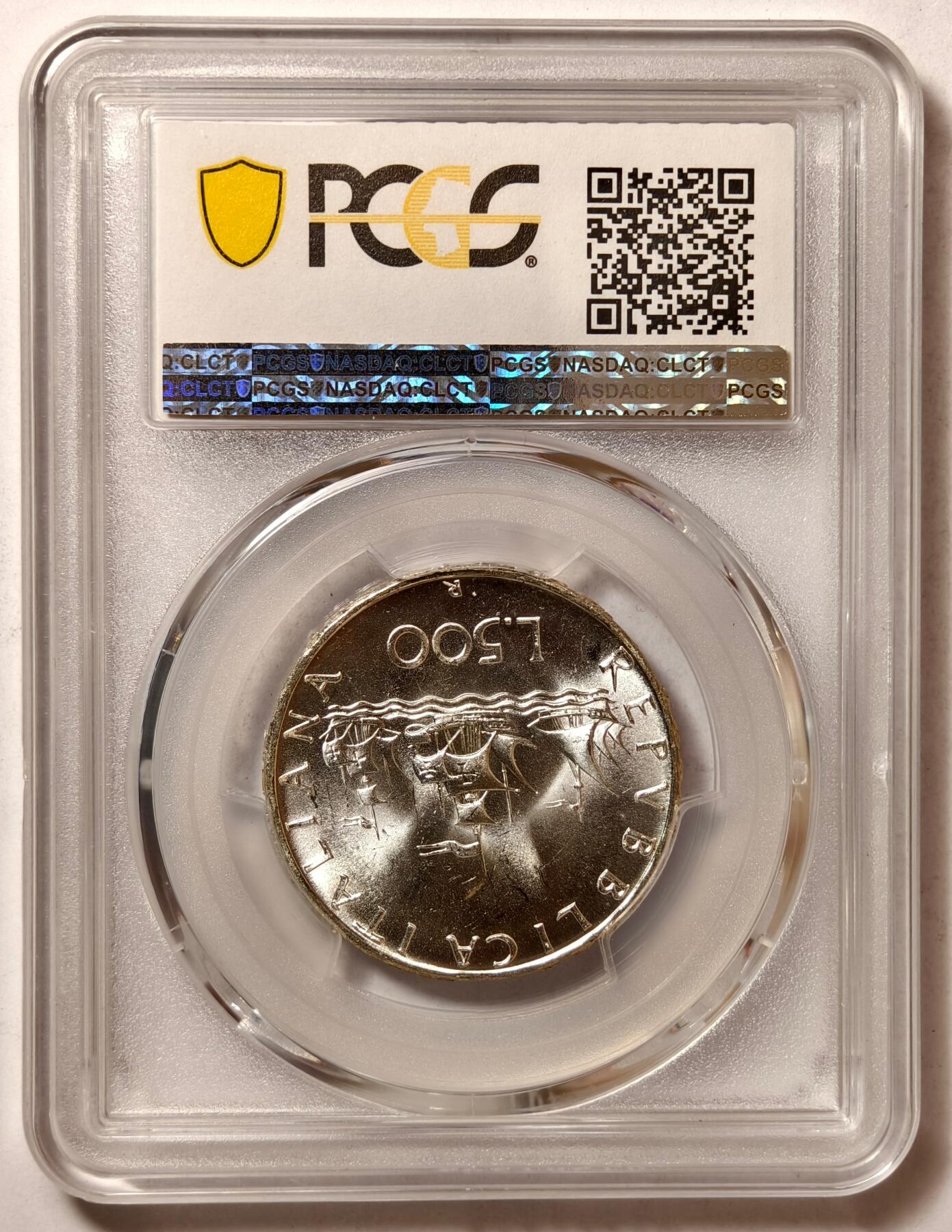 紫瑗钱币——第466期 意大利 1966年 R版 少女与帆船 500里拉 银币 PCGS MS65