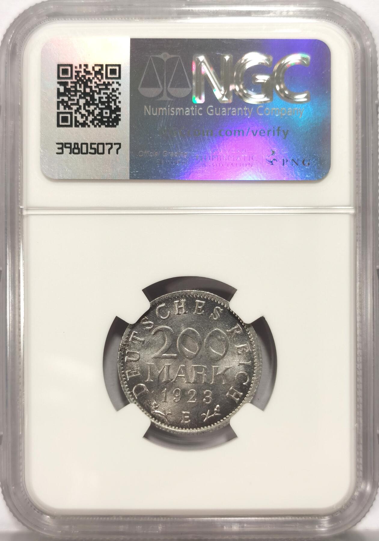 博洋堂“长夏未央”8月精品专场暨第089期（全场包邮） NGC MS67 德国魏玛共和国1923年E版（错标为G）200马克铝币，极品高分