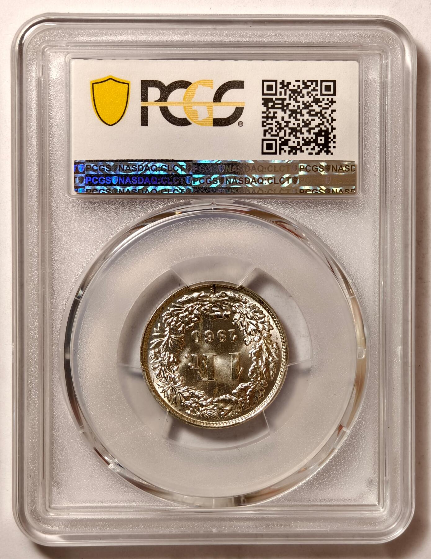 紫瑗钱币——第466期 瑞士 1960年 B版 赫尔维蒂亚 1法郎 银币 PCGS MS66
