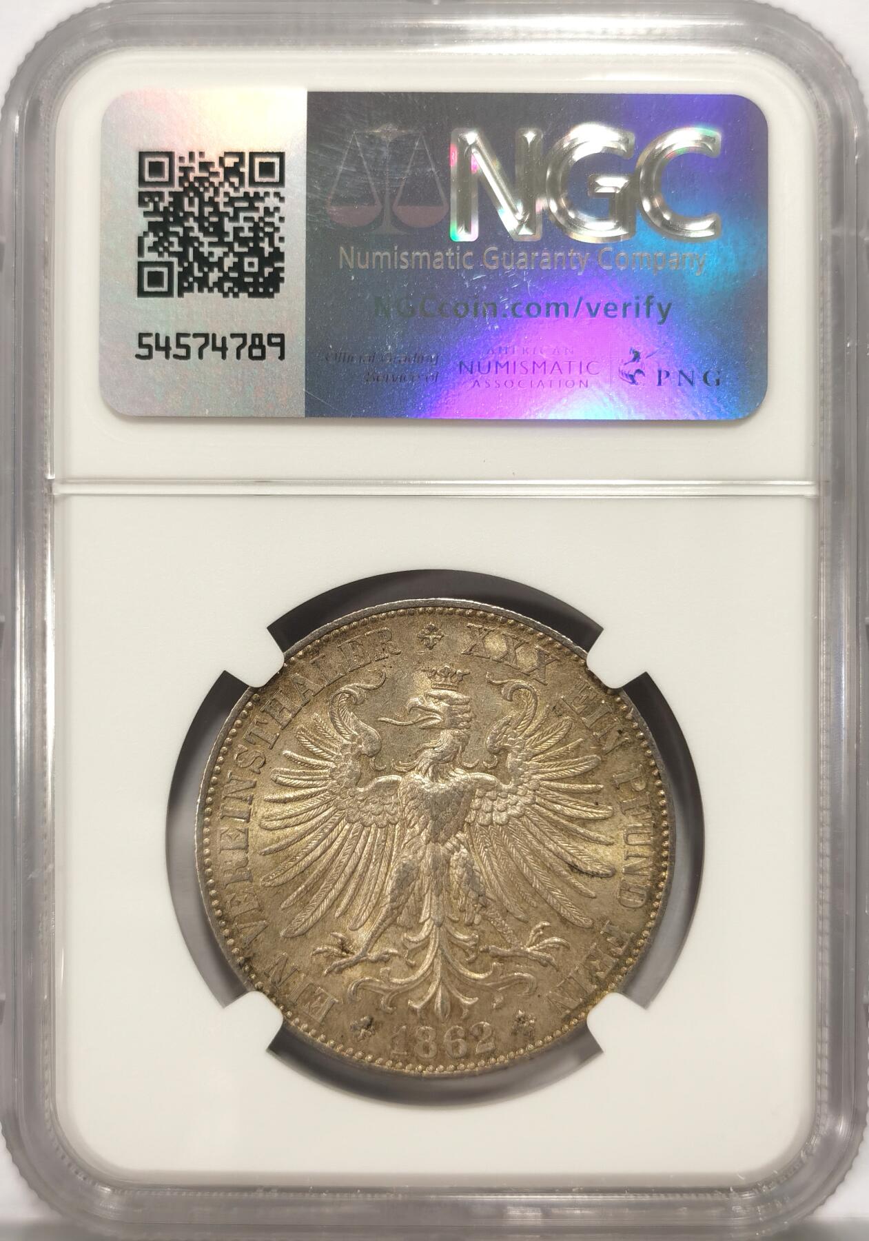 博洋堂“长夏未央”8月精品专场暨第089期（全场包邮） NGC MS63 德国法兰克福1862年少女流通1泰勒银币 淡彩包浆漂亮