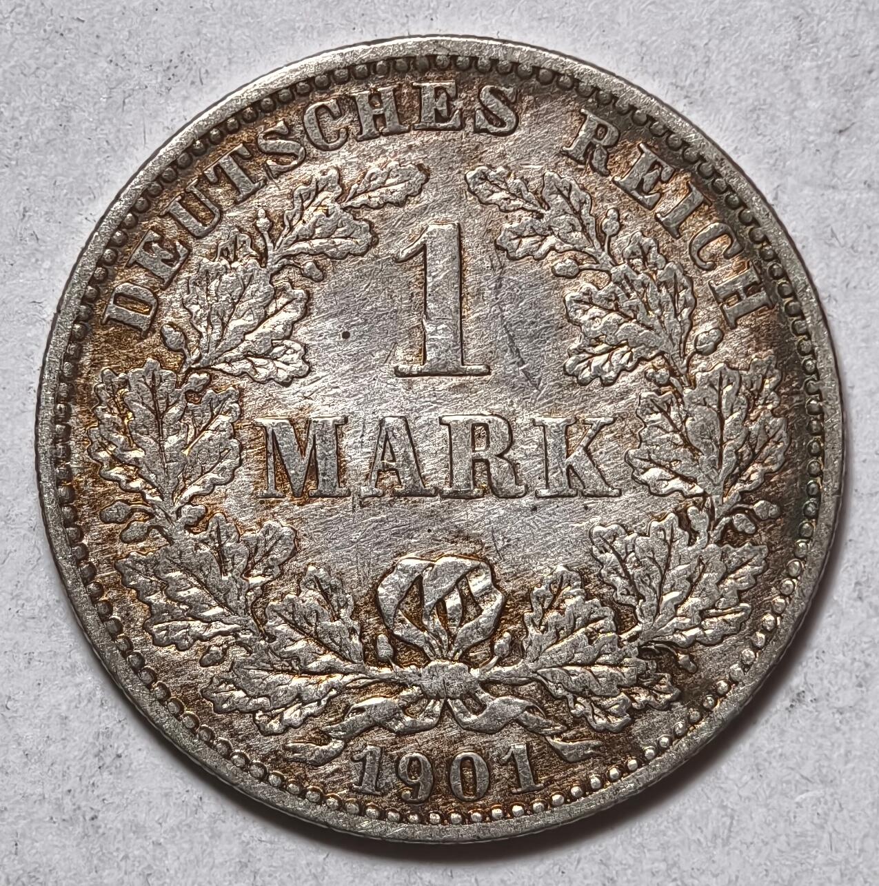紫瑗钱币——第410期 德国 1901年 E版 第二帝国 长翅 1马克 银币 5.5克 0.9银