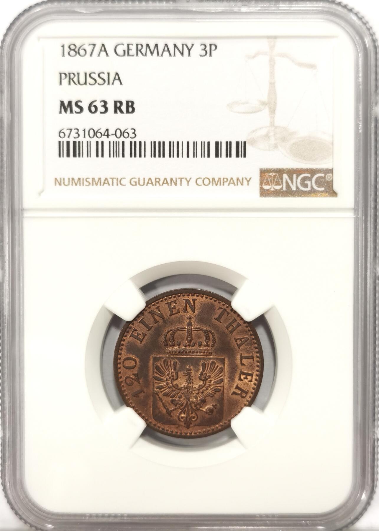 博洋堂“长夏未央”8月精品专场暨第089期（全场包邮） NGC MS63RB 德国普鲁士1867年威廉一世3芬尼铜币