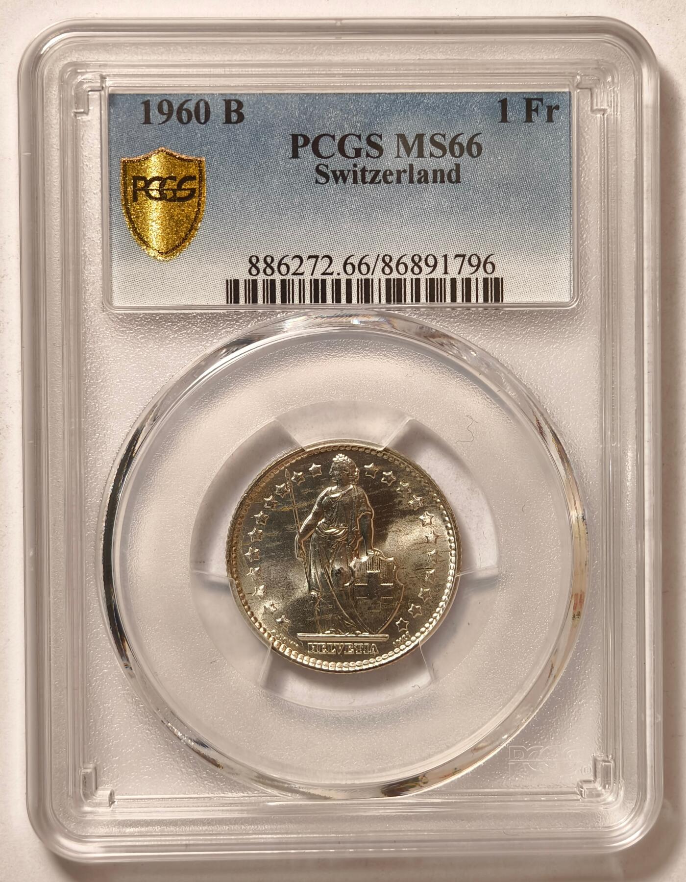 紫瑗钱币——第428期 瑞士 1960年 B版 赫尔维蒂亚 1法郎 银币 PCGS MS66