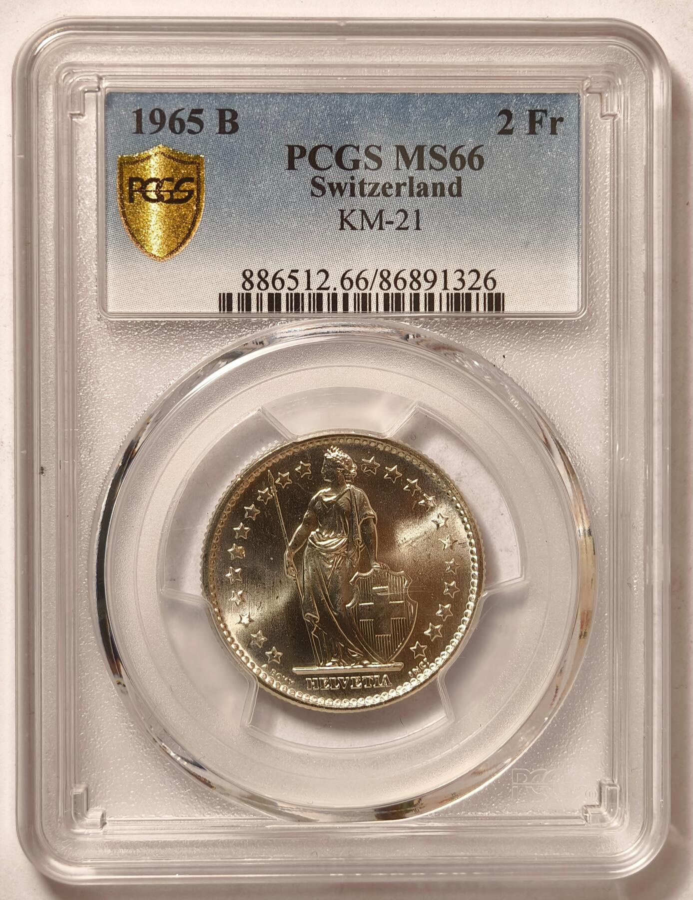 紫瑗钱币——第428期 瑞士 1965年 B版 赫尔维蒂亚 2法郎 银币 PCGS MS66