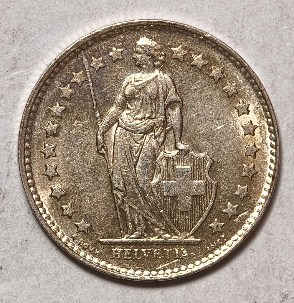 紫瑗钱币——第410期 瑞士 1944年 B版 赫尔维蒂亚 1/2法郎 2.5克 0.835银