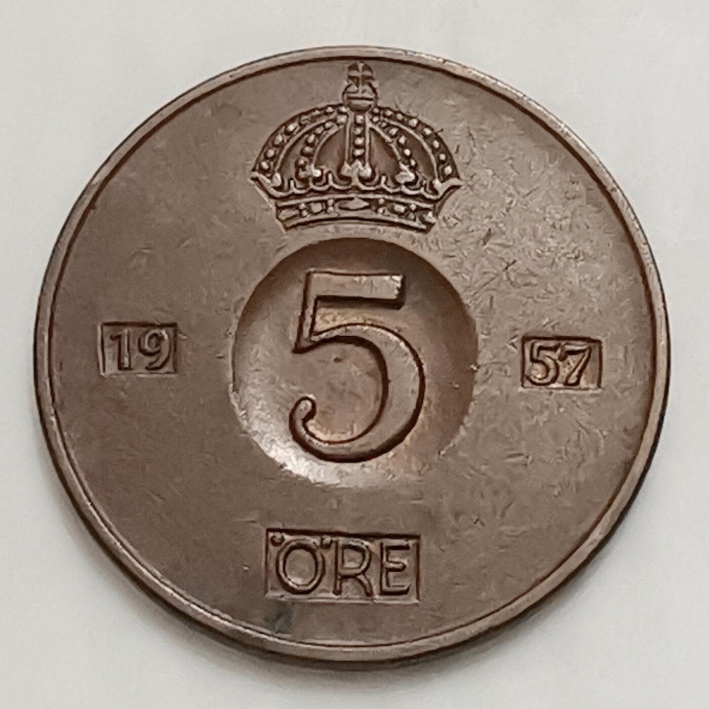 海外回流1元起拍小铺 各国钱币散币场 第15期 瑞典1957年5欧尔铜币