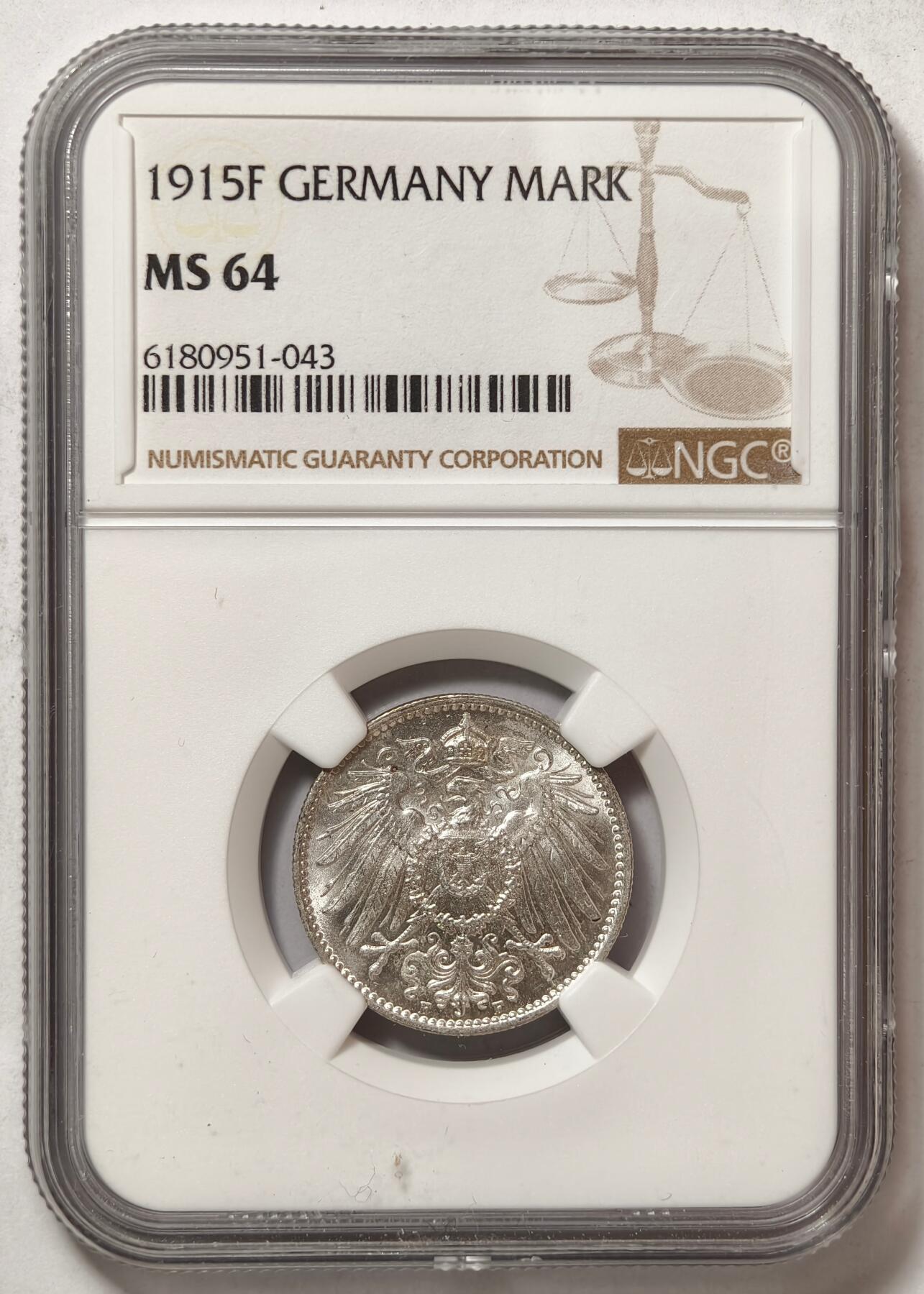 紫瑗钱币——第410期 德国 1915年 F版 第二帝国 长翅 1马克 银币 NGC MS64