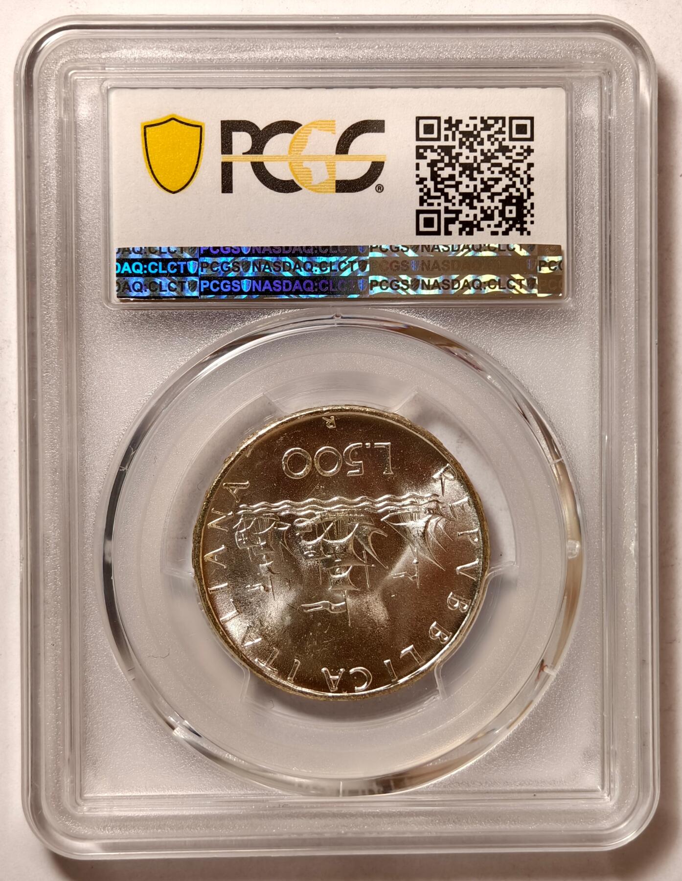 紫瑗钱币——第428期 意大利 1966年 R版 少女与帆船 500里拉 银币 PCGS MS65
