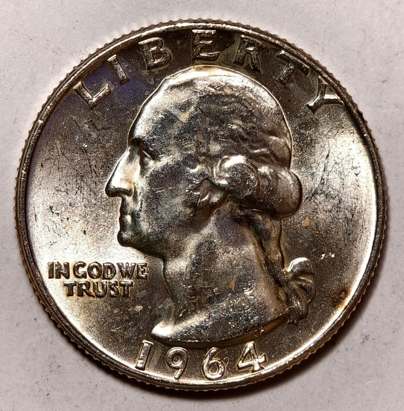 紫瑗钱币——第410期 美国 1964年 D版 华盛顿 25美分 6.25克 0.9银 BU 可评级