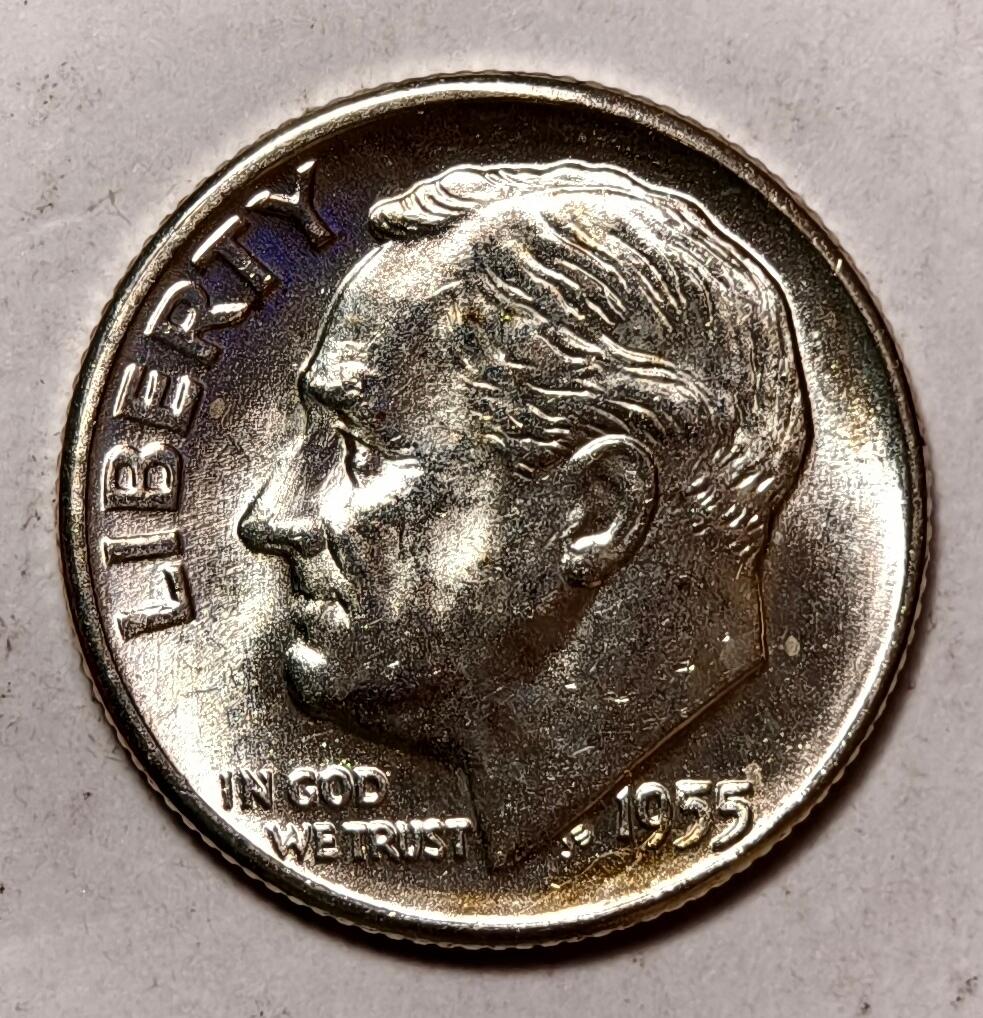 紫瑗钱币——第410期  美国 1955年 D版 罗斯福 10美分 2.5克 0.9银 BU 可评级