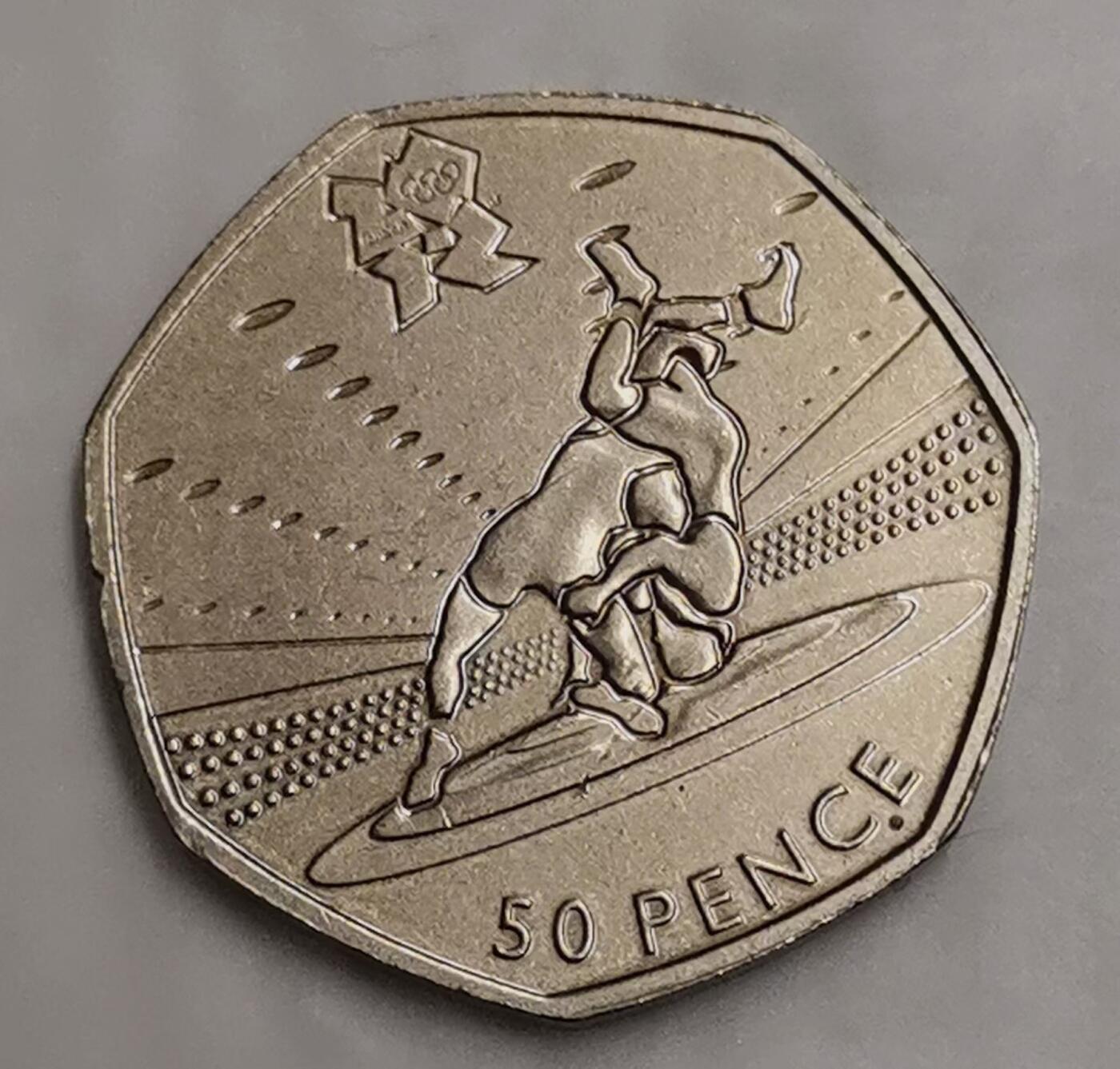 海外回流1元起拍小铺 各国钱币散币场 第15期 2011年英国伦敦奥运50便士纪念币 摔跤