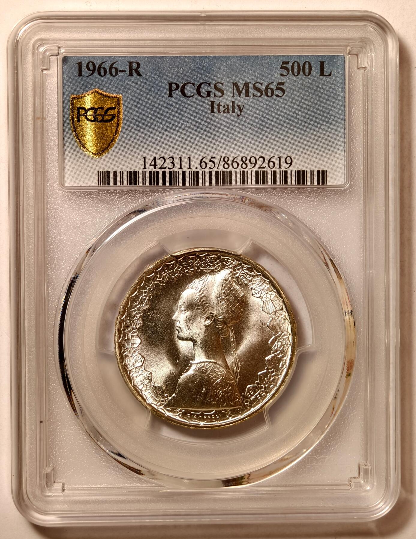 紫瑗钱币——第466期 意大利 1966年 R版 少女与帆船 500里拉 银币 PCGS MS65
