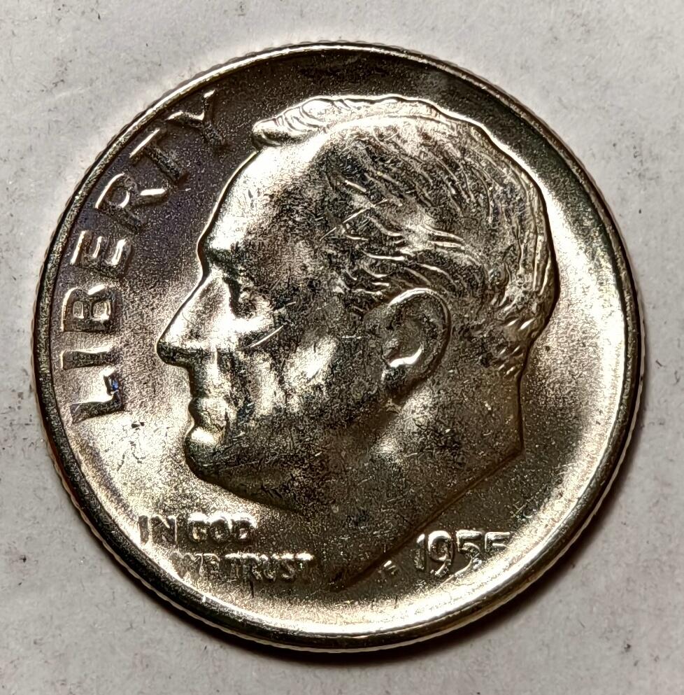 紫瑗钱币——第410期 美国 1955年 S版 罗斯福 10美分 2.5克 0.9银 BU 可评级 