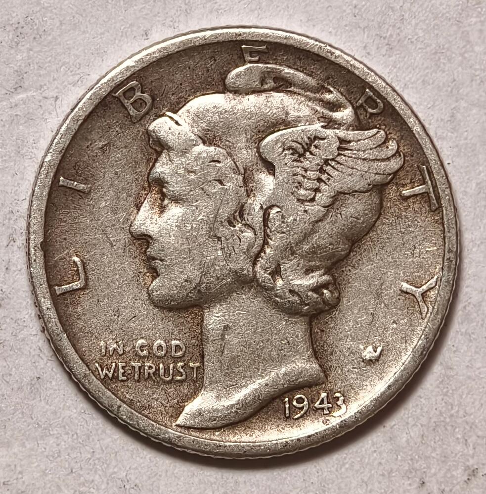 紫瑗钱币——第410期 美国 1943年 S版 墨丘比利 小飞侠 10美分 2.5克 0.9银