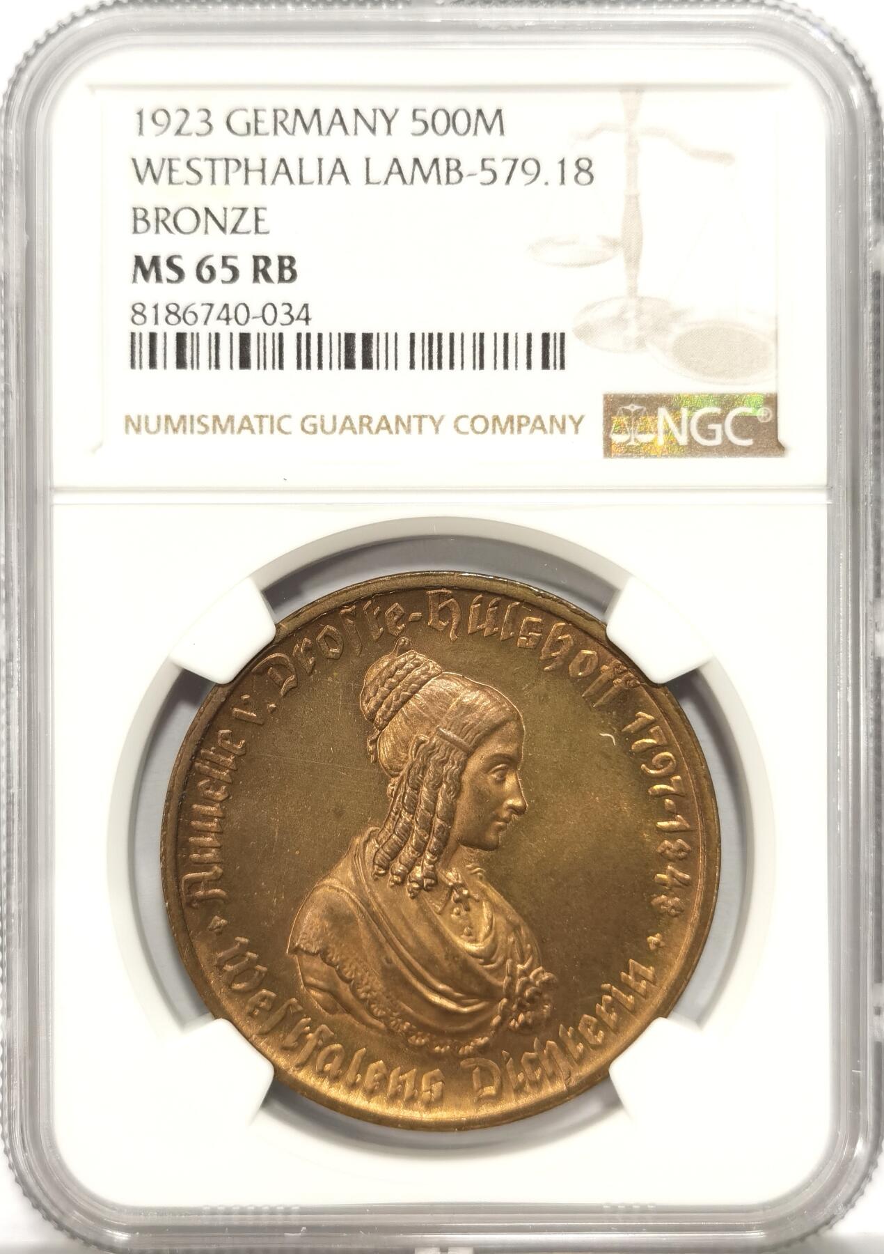 博洋堂“长夏未央”8月精品专场暨第089期（全场包邮） NGC MS65RB 德紧威斯特伐利亚1923年马币500马克铜币，女诗人头像，仅有一枚更高分