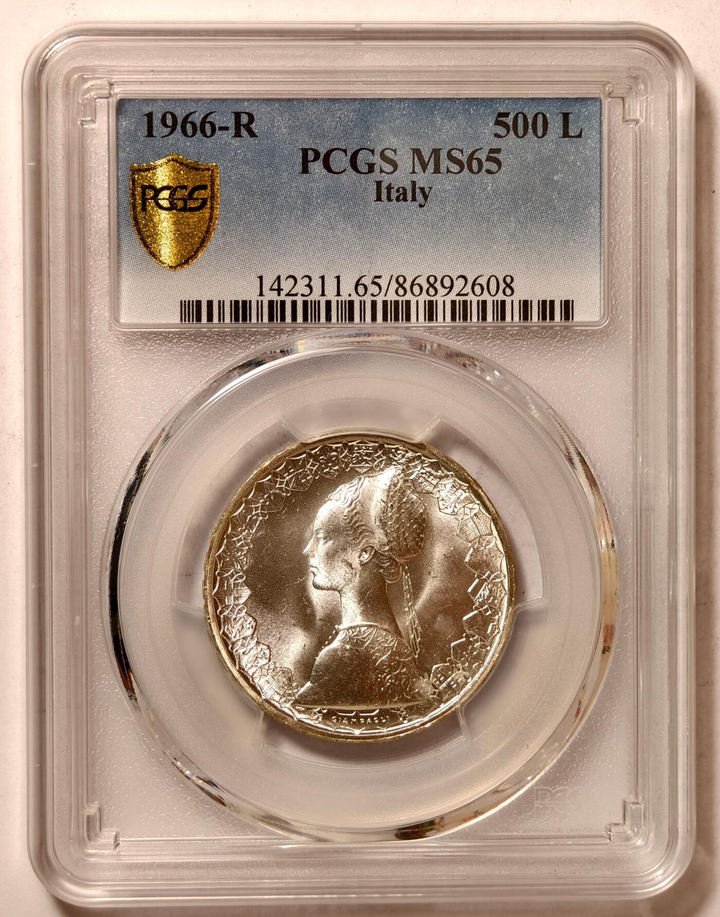 紫瑗钱币——第428期 意大利 1966年 R版 少女与帆船 500里拉 银币 PCGS MS65