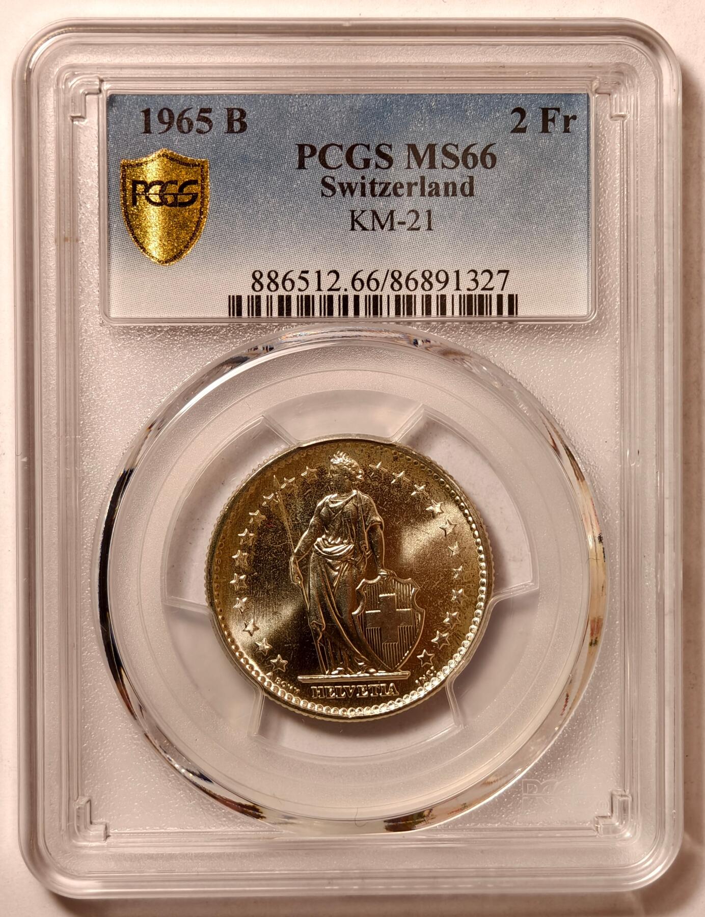 紫瑗钱币——第466期 瑞士 1965年 B版 赫尔维蒂亚 2法郎 银币 PCGS MS66