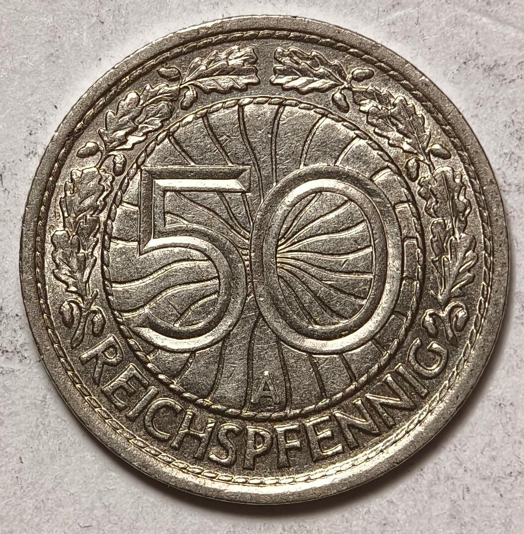 紫瑗钱币——第426期 德国 1927年 A厂 魏玛共和国 50芬妮 镍币
