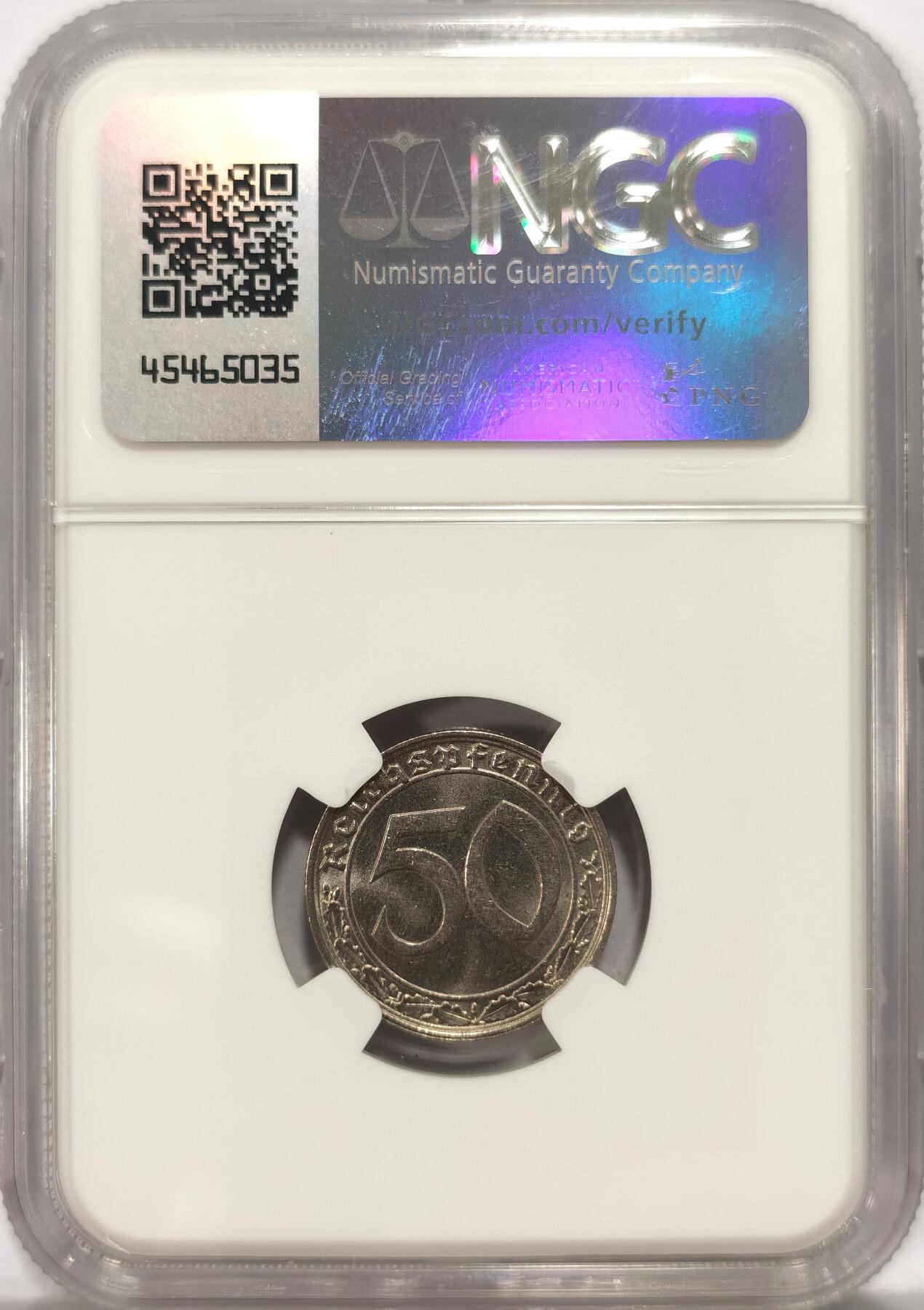 博洋堂“长夏未央”8月精品专场暨第089期（全场包邮） NGC MS65 德国第三帝国1939年F版50芬尼镍币，传说中的回炉坦克币，唯一亚军分