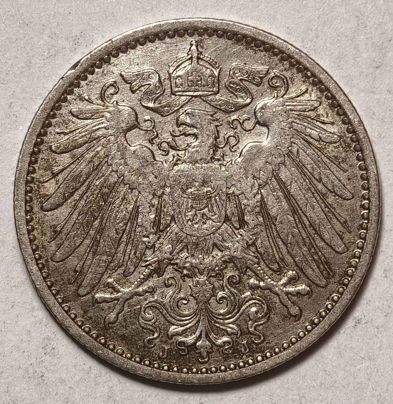 紫瑗钱币——第410期 德国 1905年 J版 第二帝国 长翅 1马克 银币 5.5克 0.9银