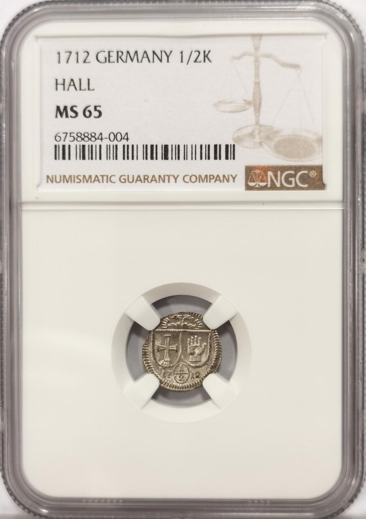 博洋堂“长夏未央”8月精品专场暨第089期（全场包邮） NGC MS65 德国哈尔1712年十字手掌 半克鲁泽单面银币