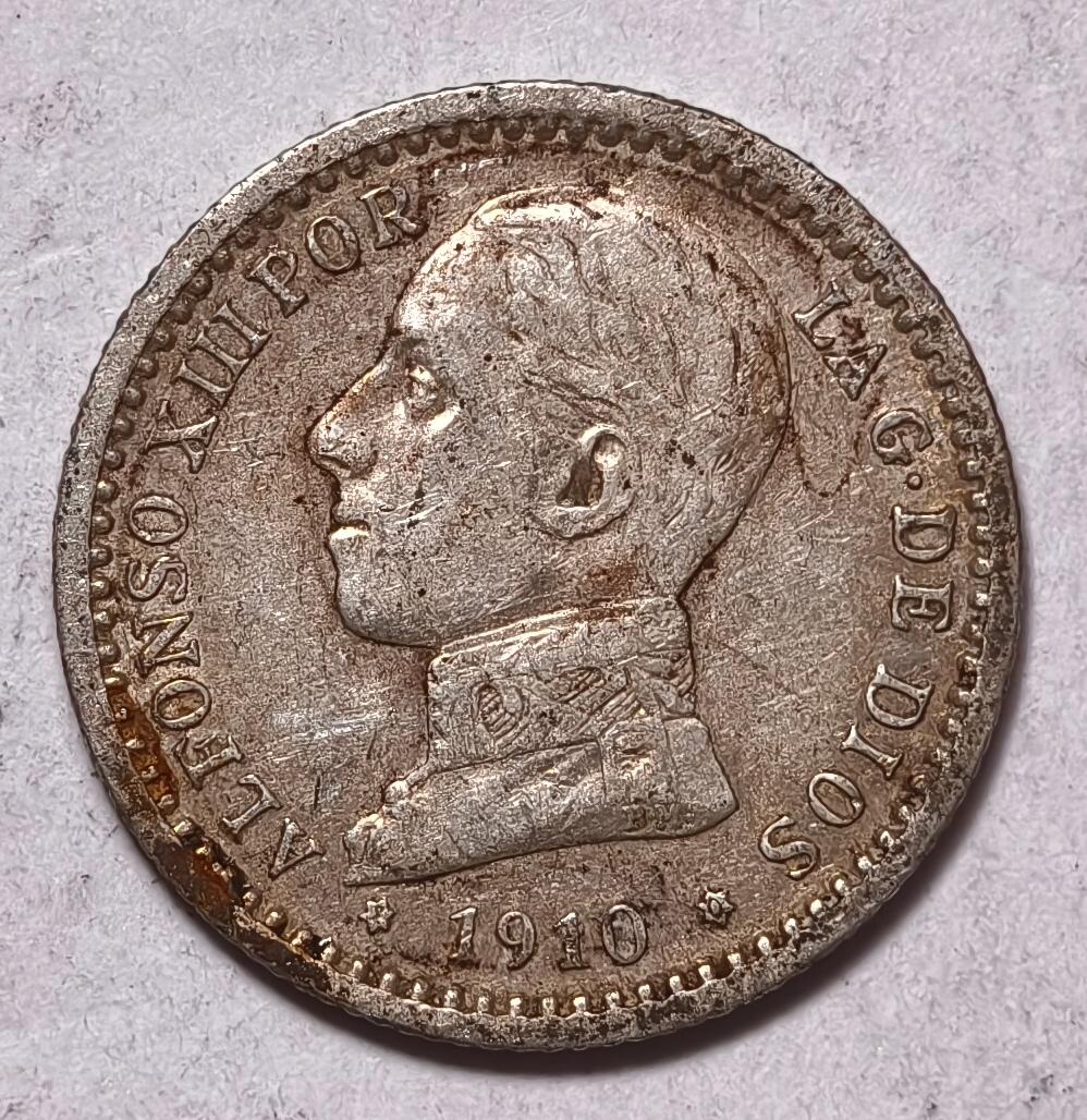 紫瑗钱币——第410期 西班牙 1910年 阿方索十三世 少年头 50分 2.5克 0.835银