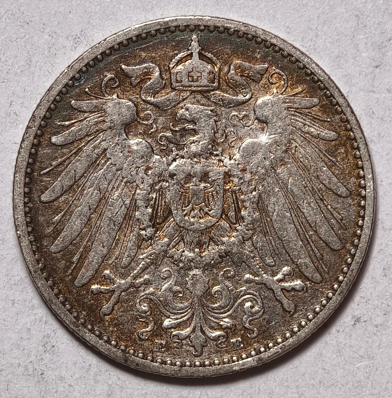 紫瑗钱币——第410期 德国 1901年 E版 第二帝国 长翅 1马克 银币 5.5克 0.9银