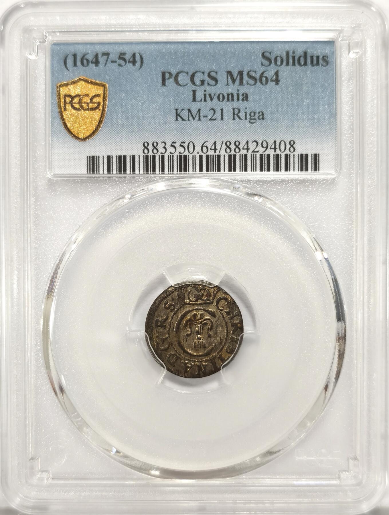博洋堂“长夏未央”8月精品专场暨第089期（全场包邮） PCGS MS64 利沃尼亚（里加）1647-54年1苏勒德斯银币，稀见品种，PCGS冠军分