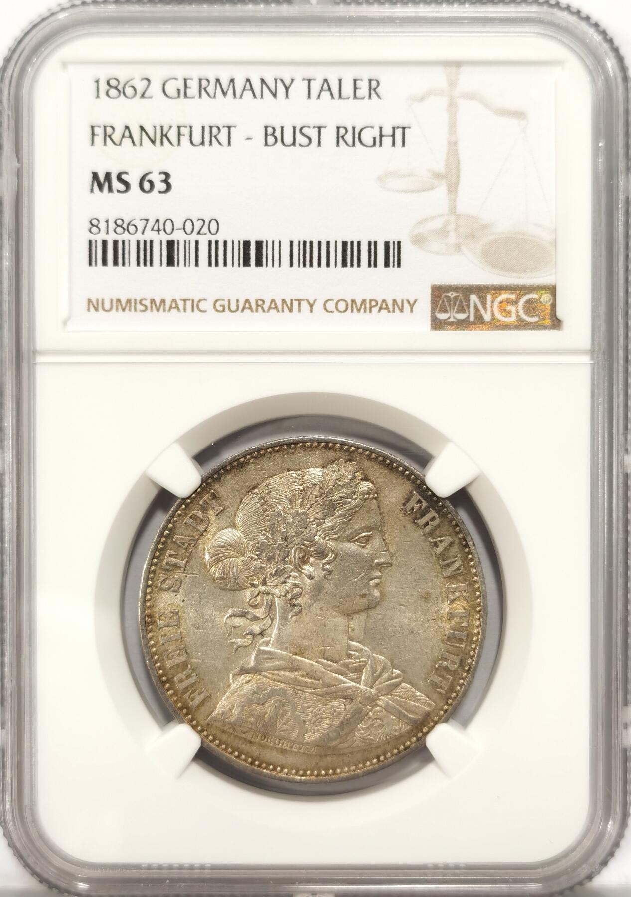 博洋堂“长夏未央”8月精品专场暨第089期（全场包邮） NGC MS63 德国法兰克福1862年少女流通1泰勒银币 淡彩包浆漂亮