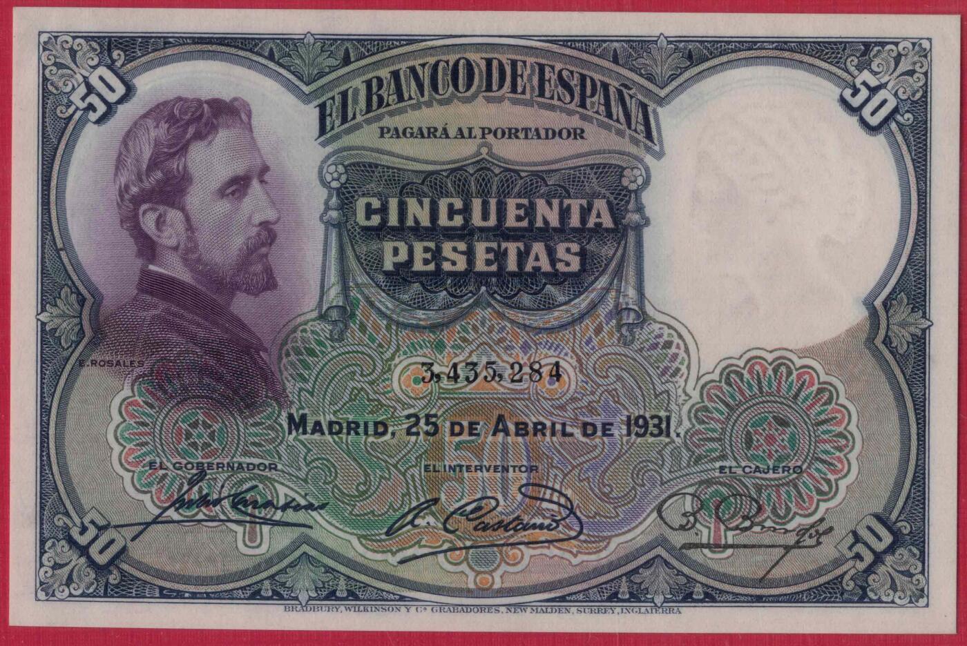西班牙1931年50比塞塔 P-82 欧洲纸币 实物图 UNC