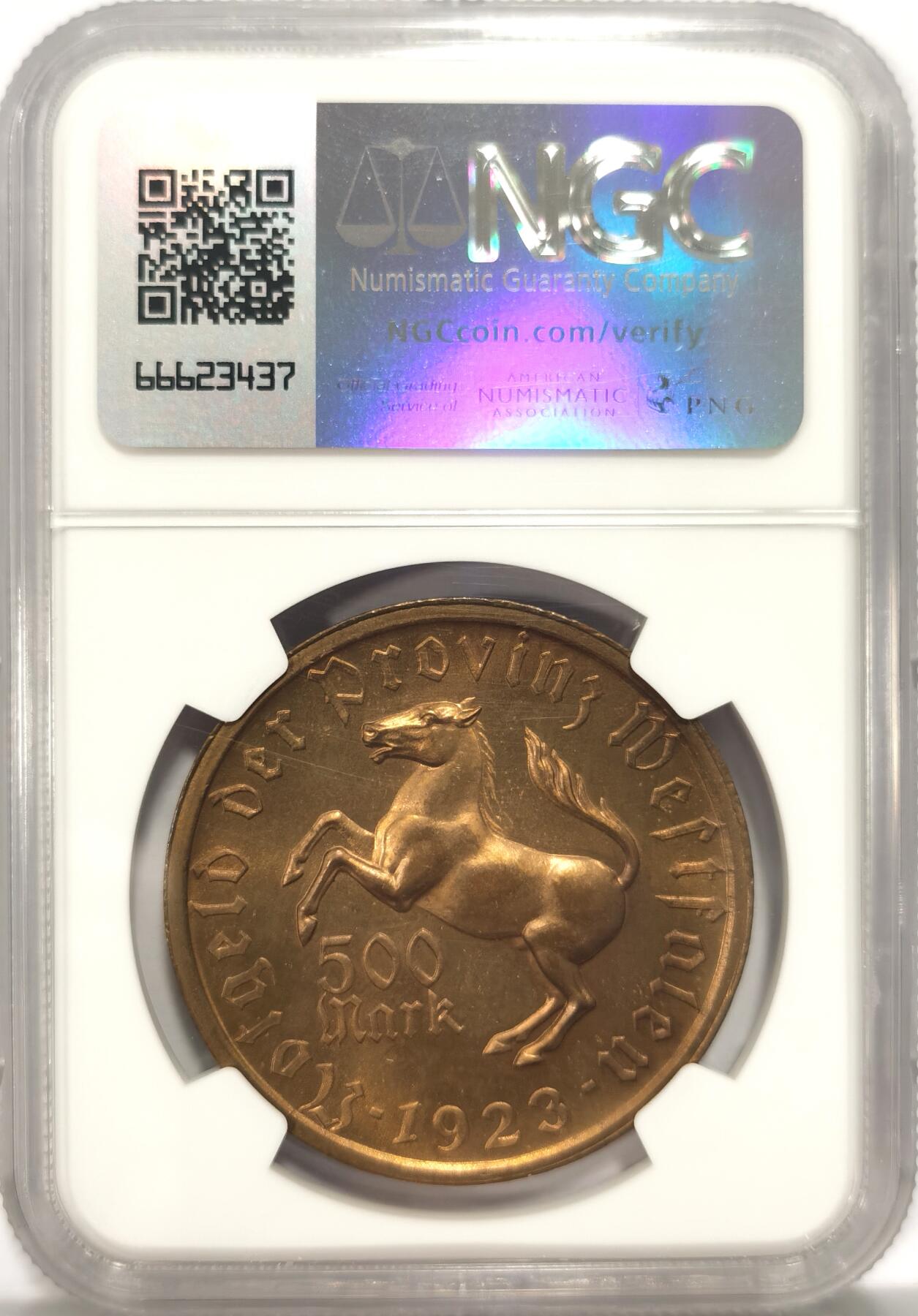 博洋堂“长夏未央”8月精品专场暨第089期（全场包邮） NGC MS65RB 德紧威斯特伐利亚1923年马币500马克铜币，女诗人头像，仅有一枚更高分