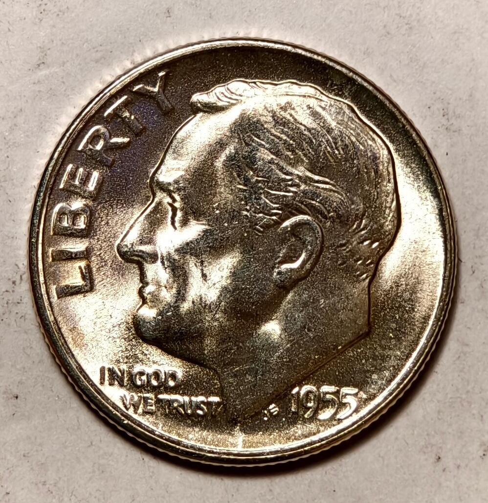 紫瑗钱币——第410期 美国 1955年 S版 罗斯福 10美分 2.5克 0.9银 BU 可评级