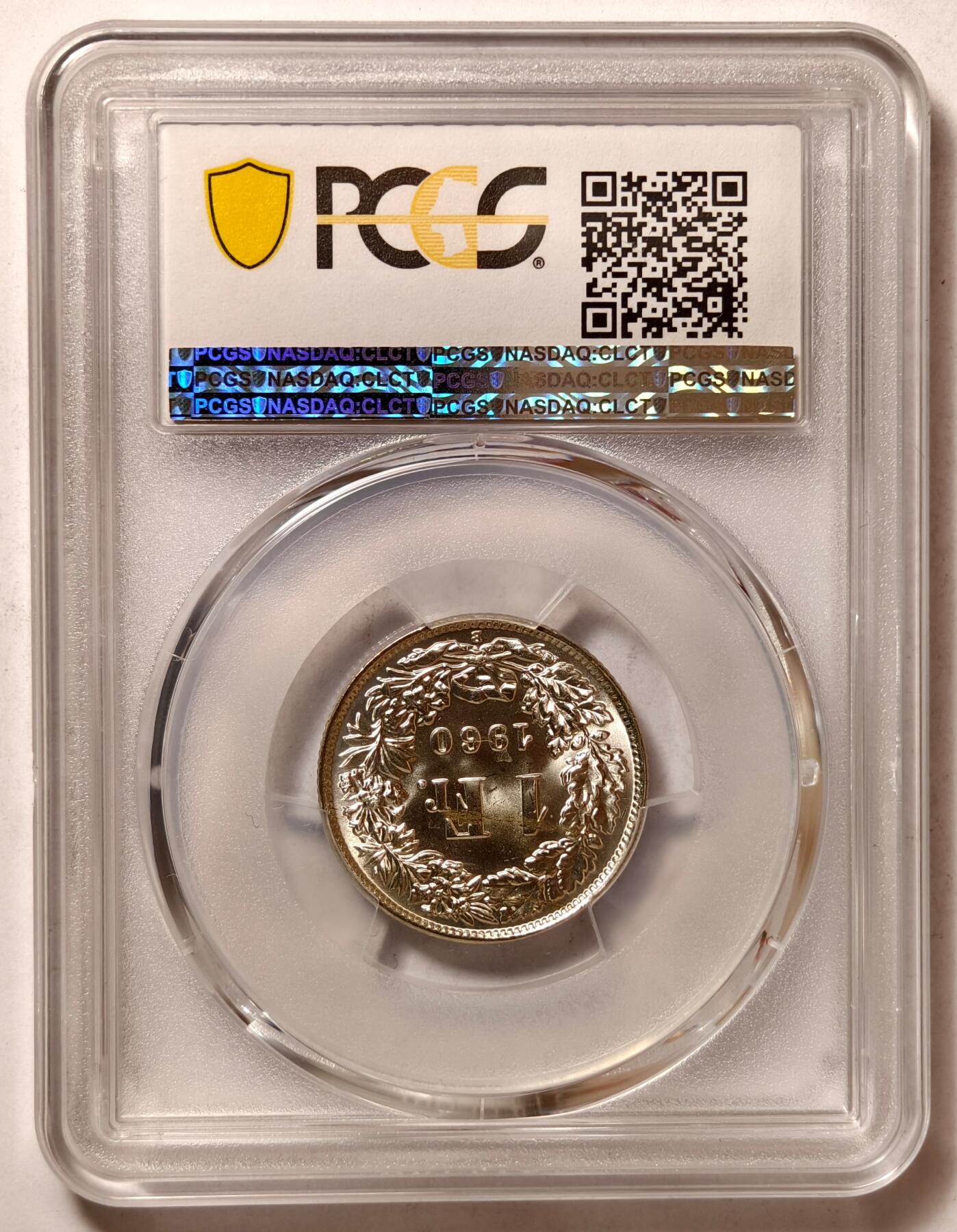 紫瑗钱币——第428期 瑞士 1960年 B版 赫尔维蒂亚 1法郎 银币 PCGS MS66