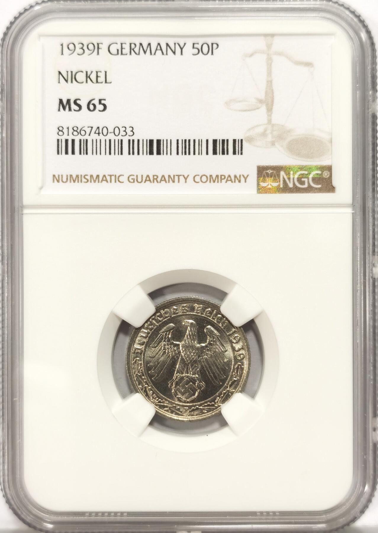博洋堂“长夏未央”8月精品专场暨第089期（全场包邮） NGC MS65 德国第三帝国1939年F版50芬尼镍币，传说中的回炉坦克币，唯一亚军分