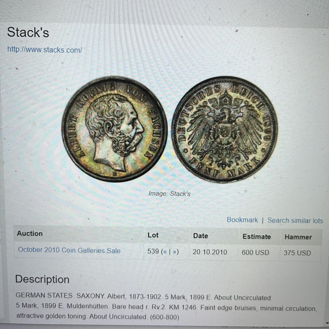 NGC-MS62 1899E萨克森阿尔伯特5马克银币 特年冠军分