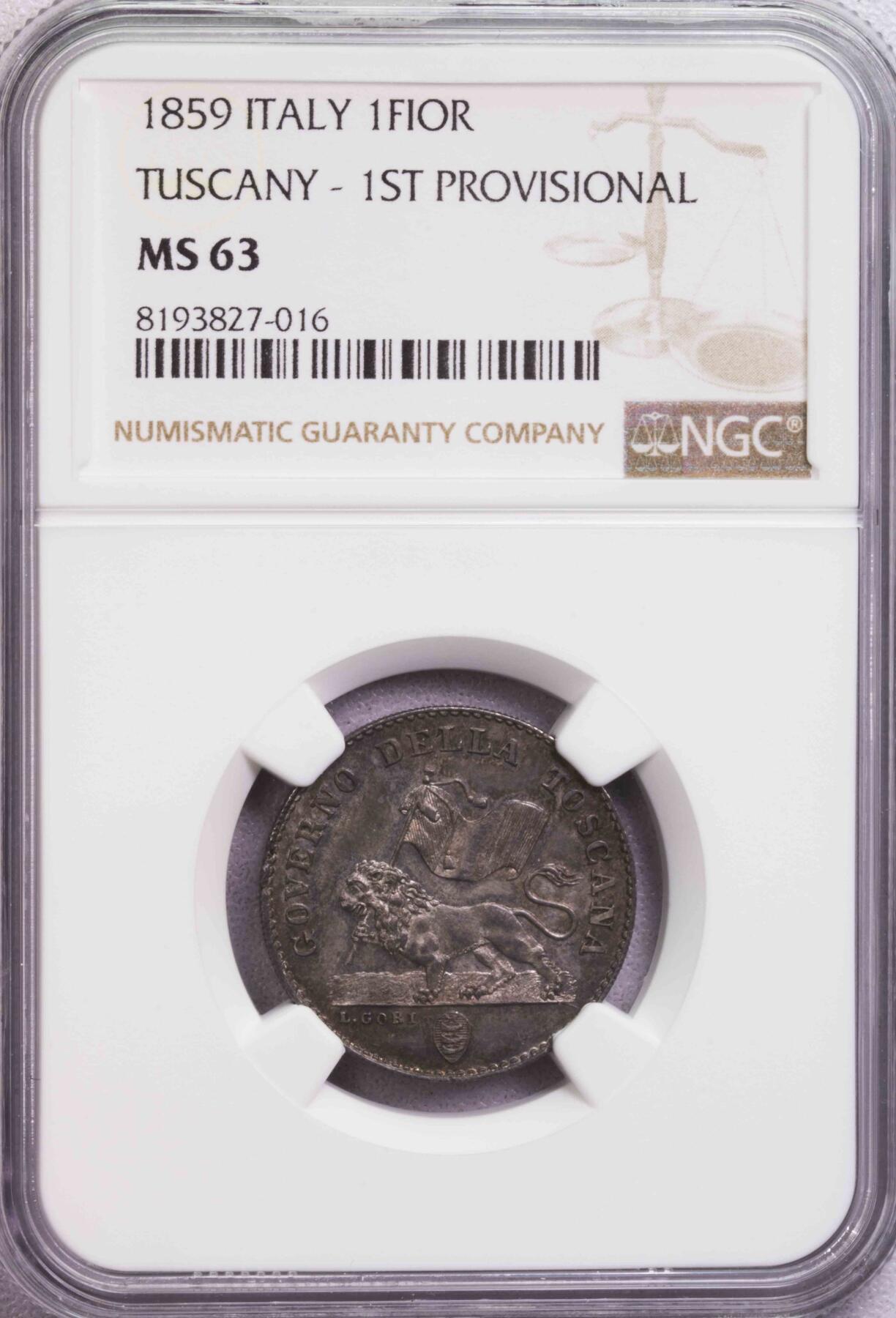 NGC-MS63 1859图斯卡纳临时政府狮子扛旗福林银币