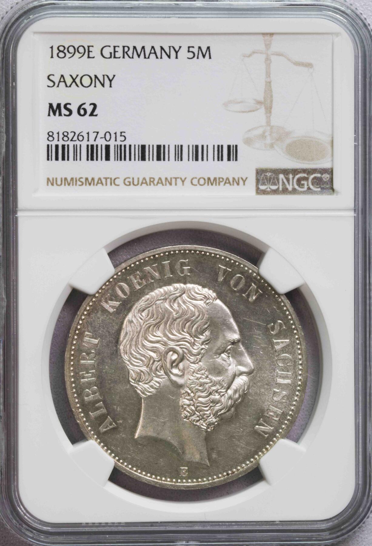 NGC-MS62 1899E萨克森阿尔伯特5马克银币 特年冠军分