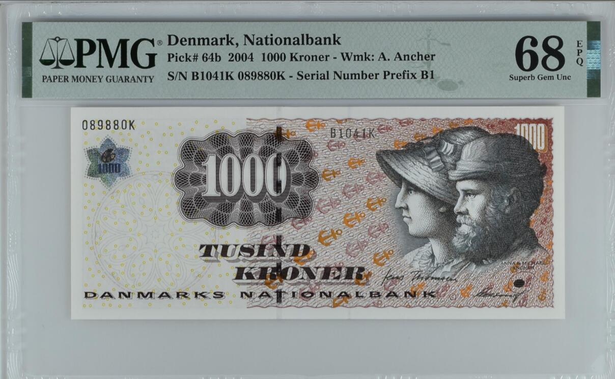 《张总收藏》164期-周日外币超精品 丹麦2004年1000克朗最高值PMG68E冠军分无47，前面号码B1041K 代表04年 排除年份后089880倒置号，安切尔夫妇 Pick#64b