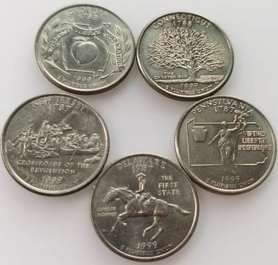  外国钱币优质散币场20240823（中拍皆有赠品），每周两拍，满百包邮，可寄存，每周日统一发货 - 美国 25美分 国家公园系列 纪念币-1999年 5枚