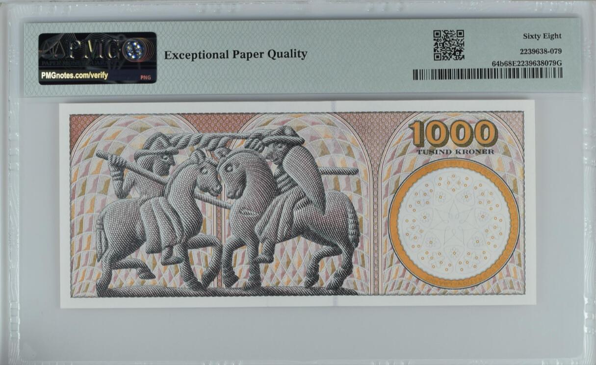 《张总收藏》164期-周日外币超精品 丹麦2004年1000克朗最高值PMG68E冠军分无47，前面号码B1041K 代表04年 排除年份后089880倒置号，安切尔夫妇 Pick#64b