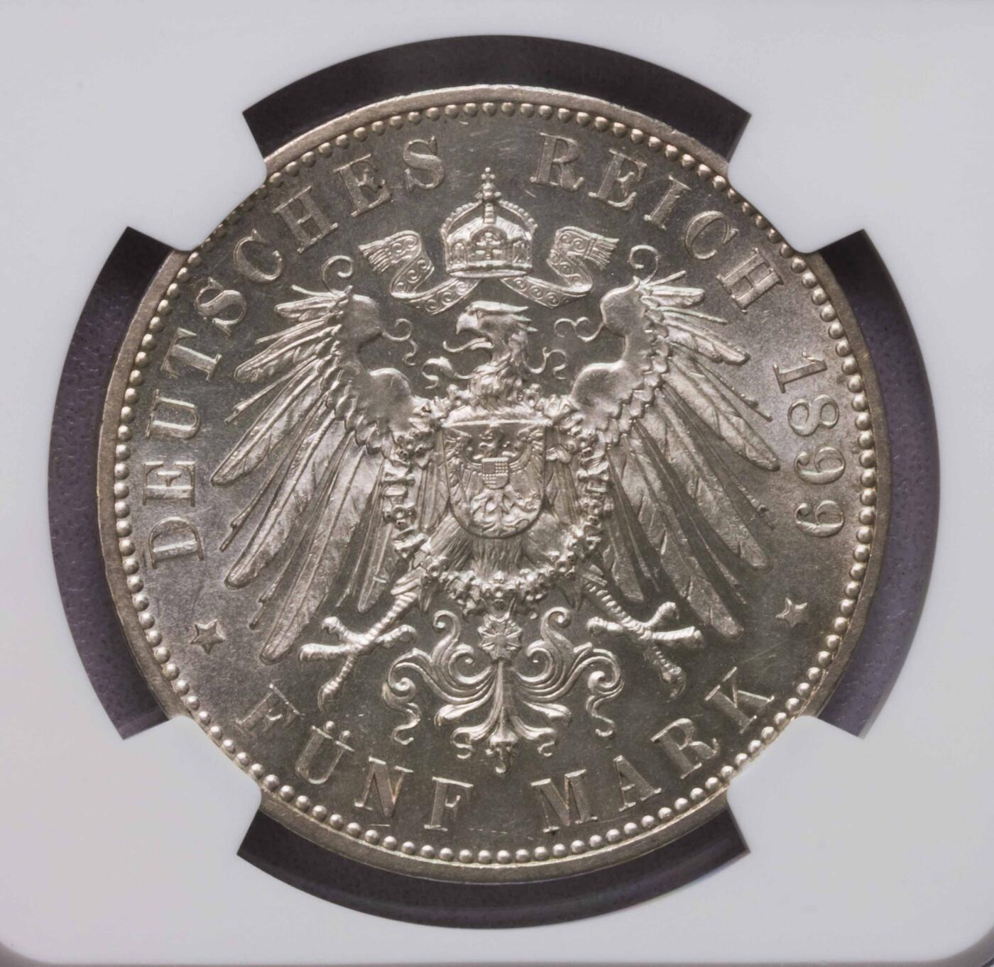 NGC-MS62 1899E萨克森阿尔伯特5马克银币 特年冠军分